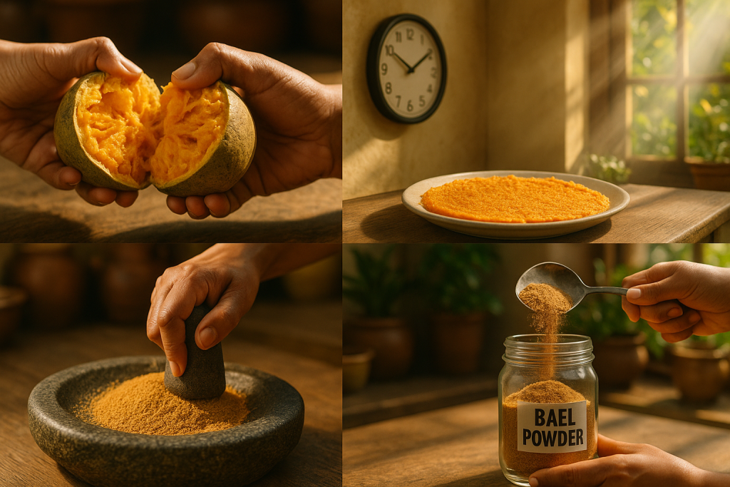 A sunlit traditional Indian kitchen with a rustic wooden table. Step-by-step scenes: Close-up of hands breaking open a ripe bael fruit, revealing its golden-orange pulp. The fresh bael pulp spread evenly on a clean plate, placed outside in bright natural sunlight to dry for 2-3 days, with a wall clock and sun rays highlighting the drying process. Dried bael pulp being ground into a fine powder using a traditional stone grinder (sil batta) or a modern mixer. The finished, aromatic bael powder being poured into a clear glass air-tight jar, labeled in Hinglish. A cheerful Indian woman proudly holding the jar, with a vibrant text overlay: “Ghar ka bana bael powder, har season mein sehat ka companion!” The kitchen is filled with fresh green plants, warm sunlight, and a homely vibe. Hyper-realistic textures, vibrant colors, cinematic depth, and a positive, health-focused mood. Perfect for a step-by-step visual tutorial that grabs attention and inspires viewers to try making bael powder at home.